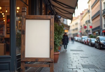 Wall Mural - Ancient signboard mockup and template empty frame for logo or text on exterior street advertising city shop background, modern flat style