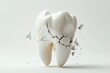 © CreativeLight - A white tooth breaking into pieces, with fragments flying in mid air, symbolizing decay and fragility, set against a light gray background