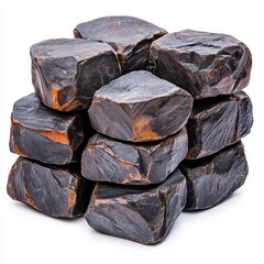 Canvas Print - A photostock of smooth black charcoal briquettes neatly stacked on a plain white background, representing eco-friendly fuel and grilling essentials. High Quality