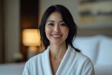 Wall Mural - portrait of happy asian woman 40 years old in white bathrobe at hotel room, spa, vacation