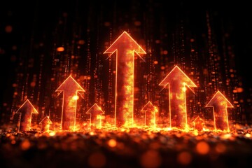 Wall Mural - glowing digital arrows rising in a futuristic data stream representing growth and success in technol