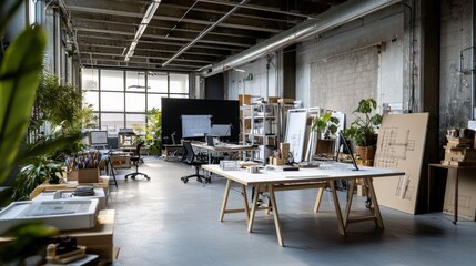 Aufkleber - Creative workspace showcasing innovative prototypes and blueprints modern studio environment bright open design