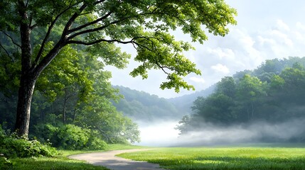 Canvas Print - Serene Forest Path at Sunrise, Mist Shrouding Lush Green Meadow