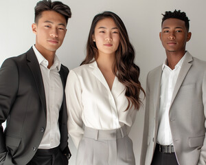 three professional interviewees in business attire pose together with soft lighting on a white backg