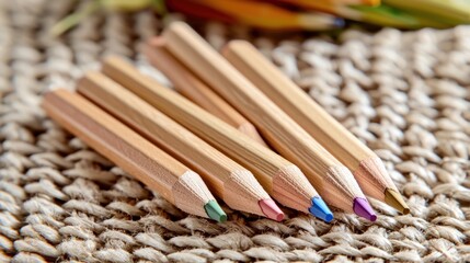 Wall Mural - Wooden colored pencils on textured fabric, blurred flowers background; craft supplies