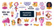 © Ana Tivikova - Big cartoon Girl Power set for sisterhood, gender equality, women community, self respect. Hand drawn colourful collection with female positive clipart, lettering about diversity, motivational slogan.