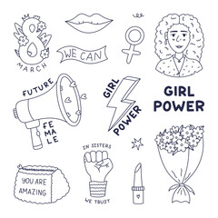 Lovely outline doodle set for International Women Day with feminism positive stickers, lady character, girl power lettering. Hand drawn feminine collection for woman community, sisterhood, support.