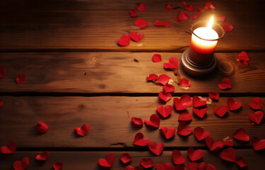 Canvas Print - Candlelit Romance with Heart-Shaped Confetti on Wooden Background