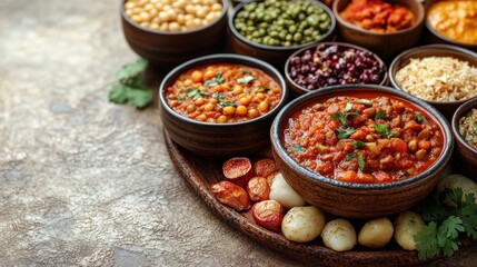 Canvas Print - Colorful assortment of traditional dishes in bowls on a textured surface with herbs and spices