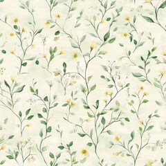 watercolor floral pattern, delicate vines, green leaves, yellow flowers, light background, textile d