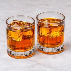 Canvas Print - A set of smooth whiskey glasses filled with amber liquid, accompanied by ice cubes. High Quality