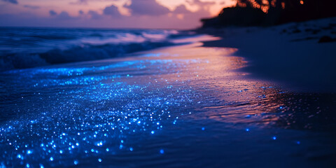 Sticker - Bio Luminescent Shore at Sunset: Glowing blue phytoplankton illuminate the ocean's edge at sunset, creating a magical, surreal scene. The waves gently lap the shore, enhancing the ethereal glow.