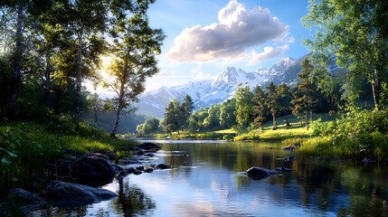 Wall Mural - serene mountain river landscape with lush greenery and sunny sky