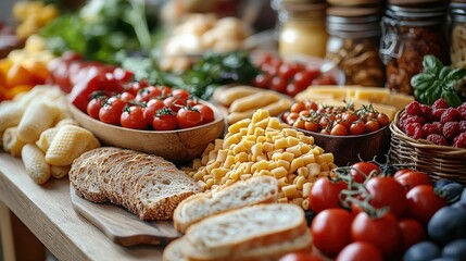 Wall Mural - A vibrant display of fresh ingredients including tomatoes, pasta, and bread on a rustic table