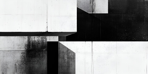 Poster - Monochromatic Concrete Architecture: Abstract architectural photography showcasing a stark contrast between light and dark concrete surfaces, creating a modern, geometric composition.