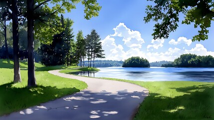 Wall Mural - serene summer lakeside path a tranquil nature scene