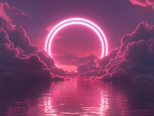 Wall Mural - Pink glowing circle over water with clouds in a dreamy sunset landscape with soft light