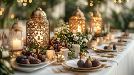 An elegant Ramadan dinner table set with golden utensils, a white tablecloth, and a centerpiece of dates, figs, and glowing lanterns, surrounded by small floral decorations