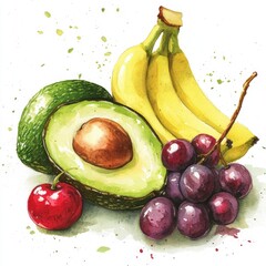 Wall Mural - Watercolor painting of avocado, bananas, grapes, and cherry