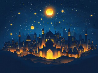 Poster - Night Cityscape under a Bright Moon and Starry Sky, with Golden-Lit Buildings and Traditional Architecture