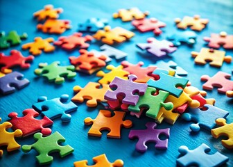 Wall Mural - Colorful Paper Puzzle Pieces on Blue Background - Business Concept Stock Photo