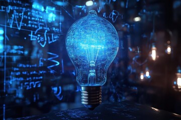 Wall Mural - glowing edison bulb surrounded by floating mathematical equations and physics formulas, creating ethereal blue light