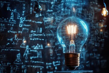 Wall Mural - glowing edison bulb surrounded by floating mathematical equations and physics formulas, creating ethereal blue light