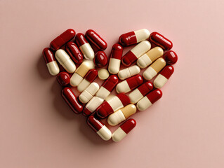 Creative arrangement of red and white capsules forming a heart shape on a pastel pink background