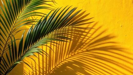 Two palm fronds casting long shadows on a bright yellow wall in a tropical environment, outdoor, tropical,  outdoor,tropical