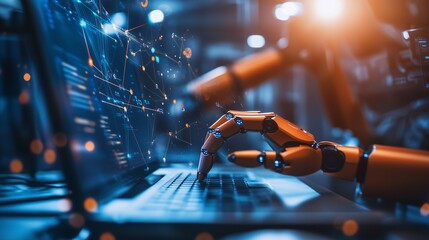 Futuristic AI robot drone working on a computer in a modern startup environment, advanced technology concept, artificial intelligence in business, high-tech workspace, innovation and productivity.