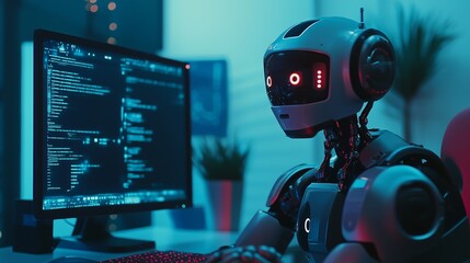 Futuristic AI robot drone working on a computer in a modern startup environment, advanced technology concept, artificial intelligence in business, high-tech workspace, innovation and productivity.