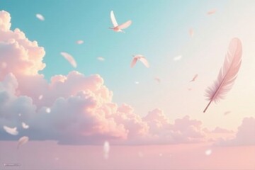 Wall Mural - Soothing sky with pastel feathers drifting in gentle breeze, serene, soft feathers