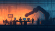 © Thamrong - A high-energy production facility where a mechanical engineering team is coordinating operations near a large, complex machine. The workers are using advanced tools and discussing performance