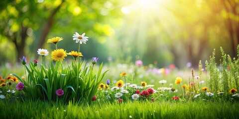 Wall Mural - Green grass and flowers in a garden on a warm sunny day, flowers, flora,  flowers, flora, landscape, growth, sunshine,summer