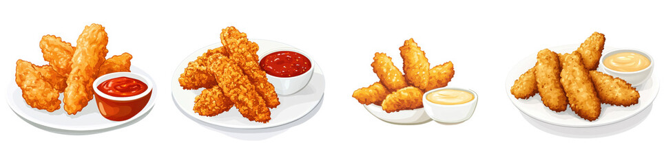 Wall Mural - Flat style illustration of golden fried chicken strips with dipping sauce, isolated on a white background. Mix Collection Png.