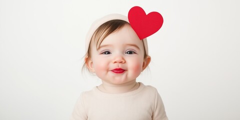 Wall Mural - A baby wearing a white hat and a red heart on her head. The baby is smiling and looking at the camera