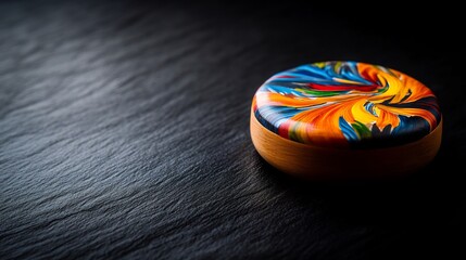 Vibrant Swirl: A Colorful Wooden Box on Dark Slate