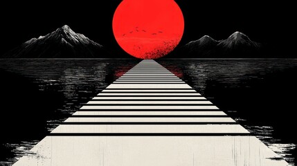 Poster - Path to the Red Sun: Minimalist Digital Landscape with Glitch Effects