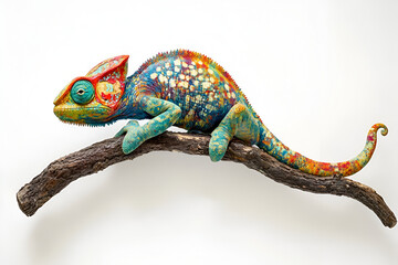 Vibrant Chameleon on Branch: A vividly colored chameleon, showcasing its incredible array of blues, greens, oranges, and yellows, perches gracefully on a dark brown branch.