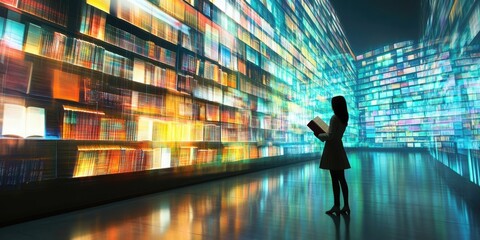 Aufkleber - A person browsing a virtual library with digital books, highlighting the accessibility and convenience of online information