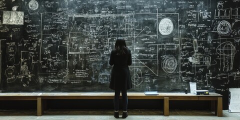 Aufkleber - A person standing at a chalkboard covered in equations and diagrams, depicting the process of formulating and explaining theoretical frameworks