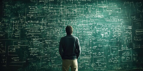 Aufkleber - A person standing at a chalkboard covered in equations and diagrams, depicting the process of formulating and explaining theoretical frameworks