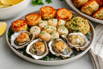 Wall Mural - Grilled oysters: A seafood appetizer. Seafood platter featuring oysters, scallops, and crab cakes.