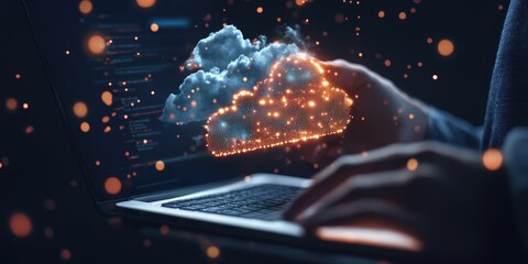 Poster - man use Laptop with cloud computing diagram show on hand. Cloud technology. Data storage. Networking and internet service concept