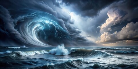 Dark stormy night with hurricane , dark clouds, ocean waves,  dark clouds, ocean waves, stormy night