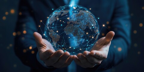 Poster - businessman holding Global network connection. Big data analytics and business intelligence concept. World map point and line composition concept of global business. Digi