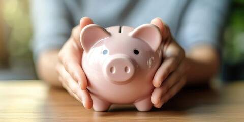 Fototapete - Man hand holding piggy bank on wood table, saving money wealth and financial concept, Business, finance, investment, Financial planning