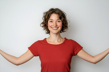 Wall Mural - Smiling Woman Open Arms: A portrait of a young woman with curly brown hair, wearing a rust-colored t-shirt, smiles warmly with her arms outstretched, conveying a sense of openness and positivity. 