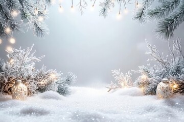 Wall Mural - magical winter wonderland scene with sparkling snowflakes, frosted pine branches, and glowing lanterns casting warm light on fresh snow, ethereal atmosphere