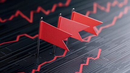 Three red flags on a dark graph background, symbolizing challenges in market trends and business analytics.